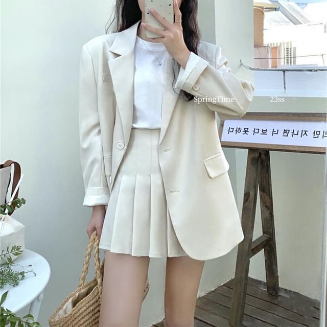 Yilda-Set Notch Lapel Plain Single-Breasted Blazer High Rise Pleated Mini A-Line Skirt