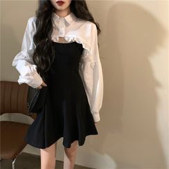 CaraMelody - Long-Sleeve Ruffle Trim Cropped Blouse / Plain Spaghetti Strap Dress CaraMelody - Long-Sleeve Ruffle Trim Cropped Blouse / Plain Spaghetti Strap Dress