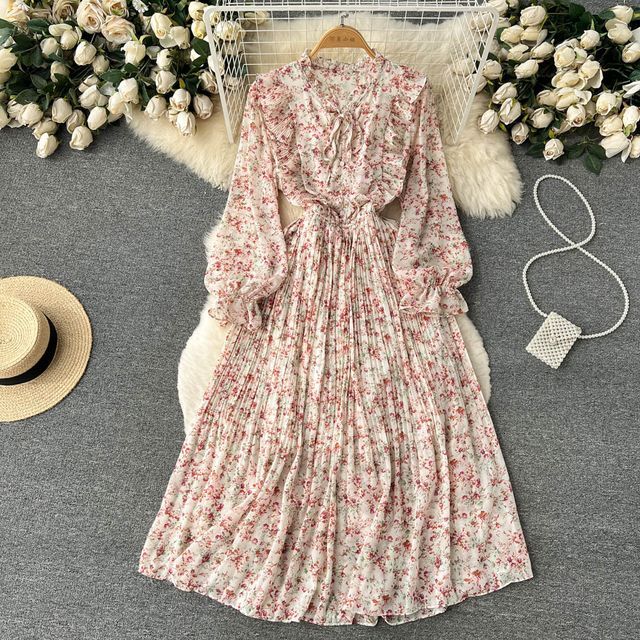 Lucuna - Long-Sleeve V-Neck Floral Print Tie Front Ruffle Accordion Pleated  Midi A-Line Dress | YesStyle
