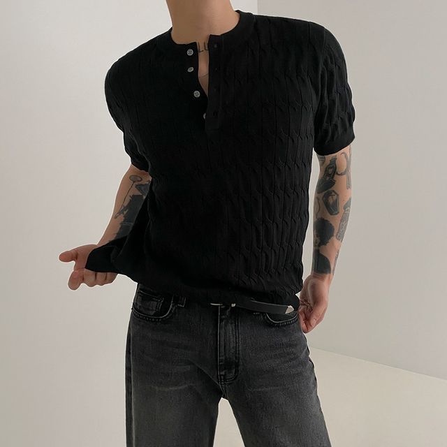 MRCYC-Short-Sleeve Henley Plain Cable Knit Top