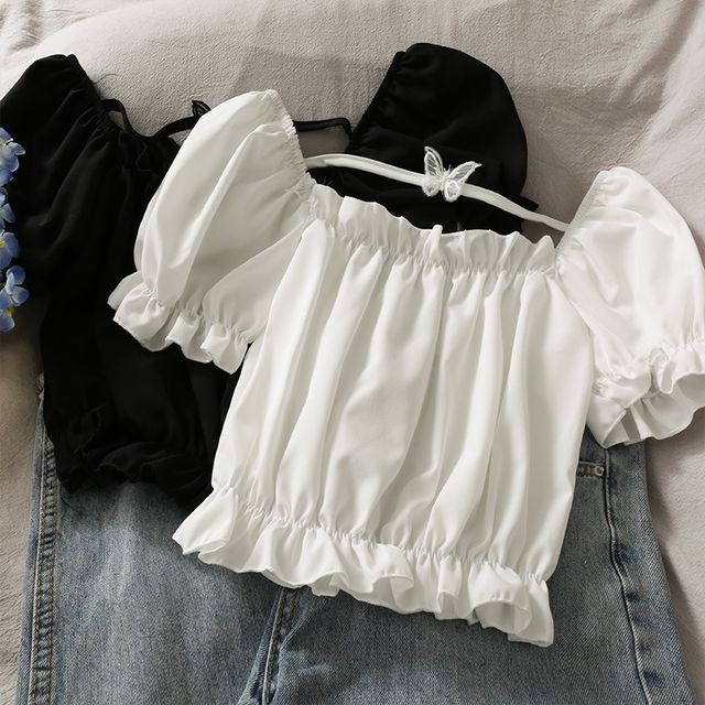 Lemongrass-Butterfly-Accent Ruffled-Trim Crop Top