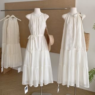 Dute Sleeveless Round Neck Floral Embroidered Sequin Panel Lace Maxi A-Line Dress Sale
