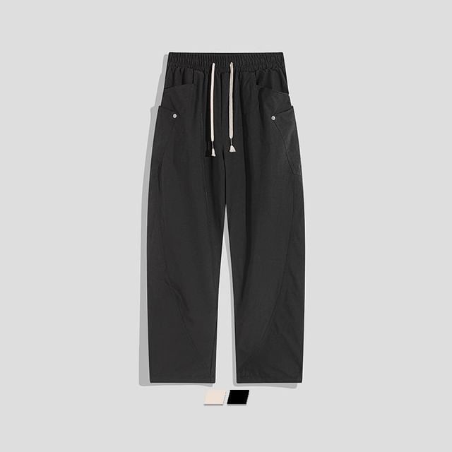 purplelouve-Drawstring Waist Plain Baggy Pants