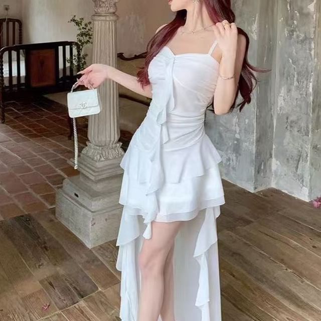 Cloud Nine-Spaghetti Strap Sweetheart Neck Plain Ruffle Midi A-Line Dress
