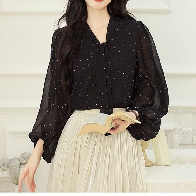 Dragan Pulse-Long Sleeve V-Neck Polka Dot Chiffon Blouse