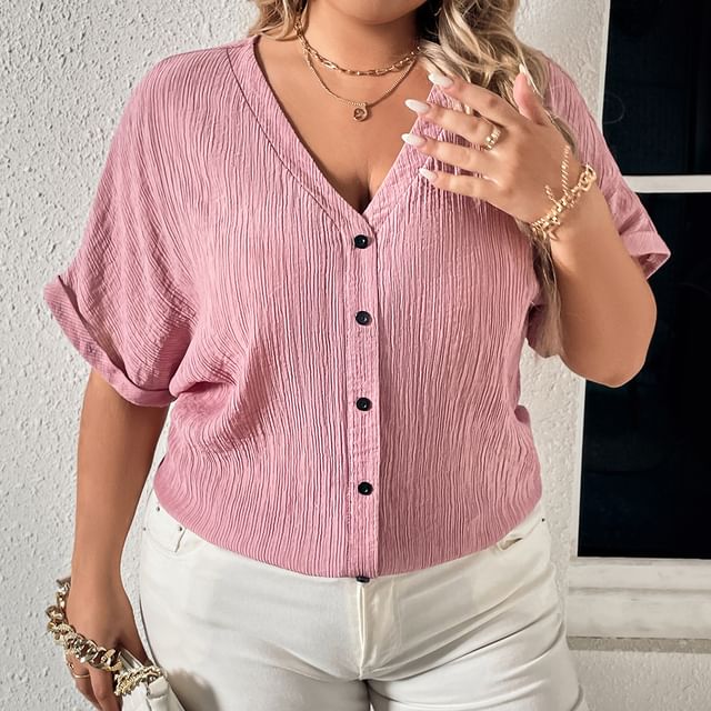 PlusPretty-Short Sleeve V-Neck Plain Blouse