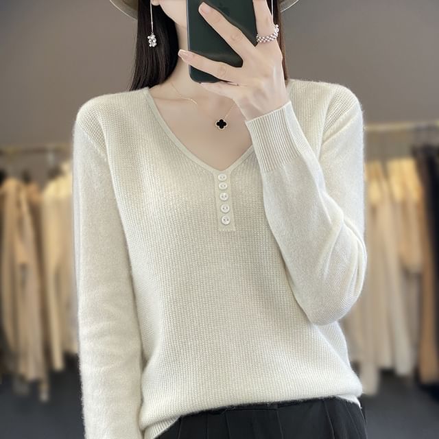 Weelop-V-Neck Plain Button Up Ribbed Knit Sweater