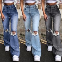 Puffie - High-Waist Ripped Bootcut Jeans