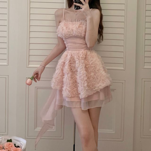 Dewewan - Spaghetti Strap Plain Floral Ruffle Trim Mini A-Line Dress |  YesStyle