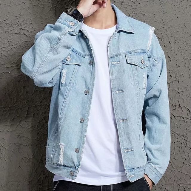 Macho-Collared Washed Distressed Button Denim Jacket