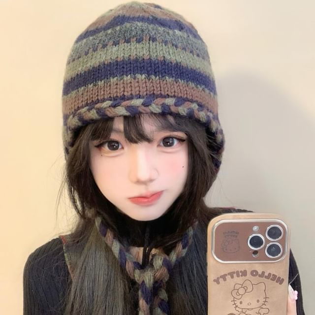 Sparktage-Striped Knit Trapper Hat