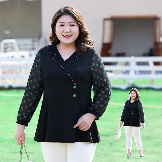 tropibreeze-Long-Sleeve Notch Lapel Dotted Panel Blouse