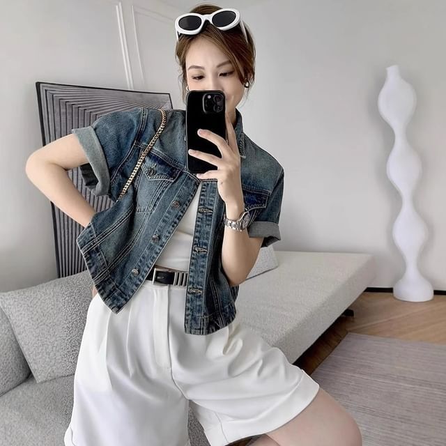 Lexama-Short-Sleeve Collared Washed Denim Button Down Jacket