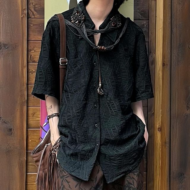 GRAYCIOUS-Short Sleeve Collared Plain Textured Shirt