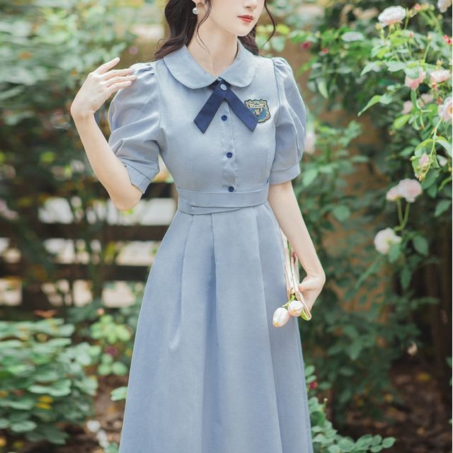 OOMOKU - Puff-Sleeve Collar Ribbon Midi A-Line Dress | YesStyle