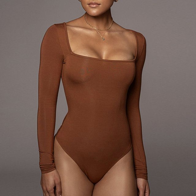 Hoote Coulure-Long Sleeve Square-Neck Plain Bodysuit Top