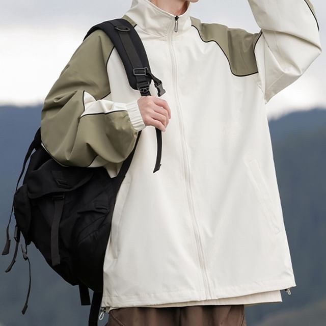 YERGO-Mock Neck Two Tone Zip-Up Jacket