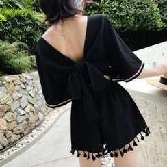 Yuxi - Elbow-Sleeve Fringe Playsuit Yuxi - Elbow-Sleeve Fringe Playsuit