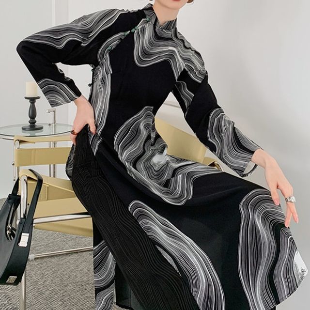AAML-Long-Sleeve Print Midi Qipao Dress