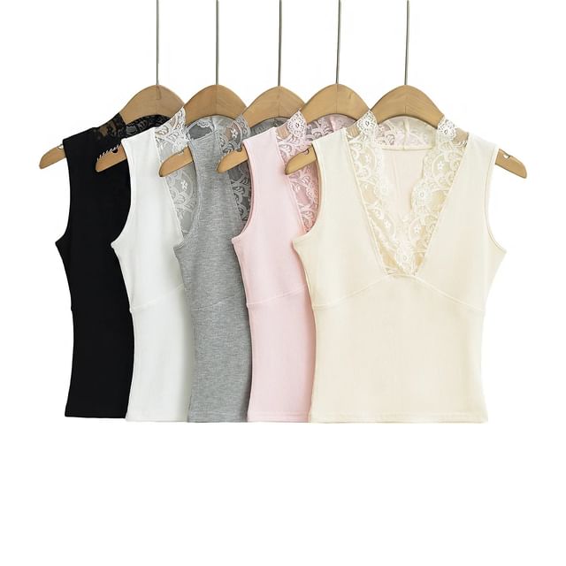 Asiris-V-Neck Plain Lace Trim Tank Top