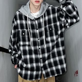 Priam-Hooded Plaid Button Up Shirt