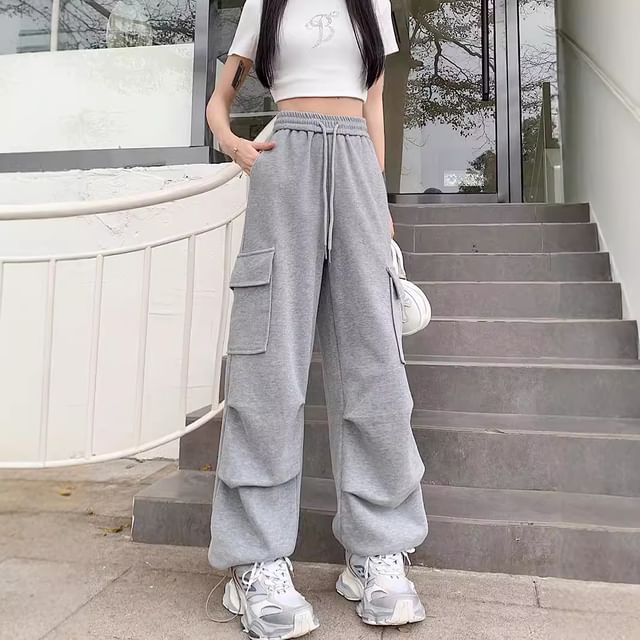 Cloud Nine-Drawstring Waist Plain Wide Leg Cargo Sweatpants