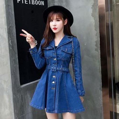 Sienne - Long-Sleeve Button-Up Mini A-Line Denim Dress | YesStyle