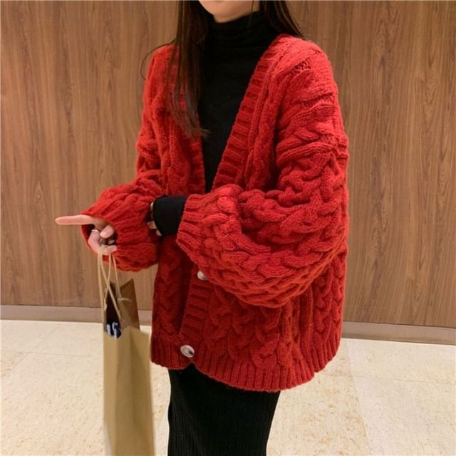 Fabricino-V-Neck Cable Knit Button-Up Plain Cardigan