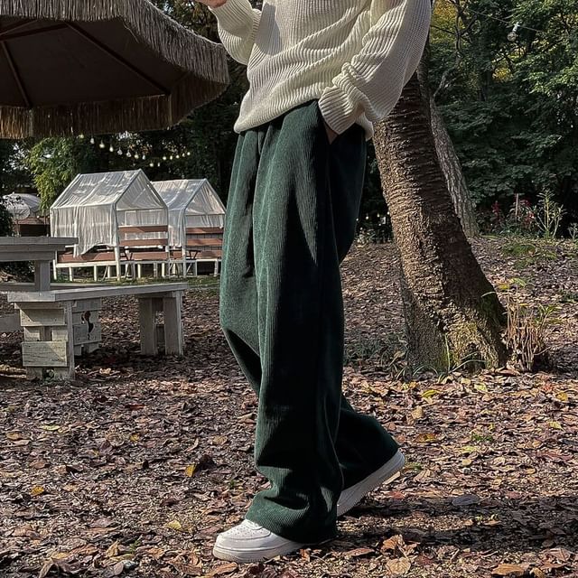 MRCYC-High Waist Ribbed Plain Wide Leg Pants