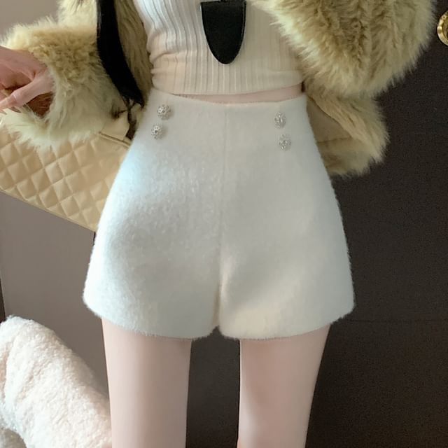 Magimomo-High Waist Plain Fluffy Shorts