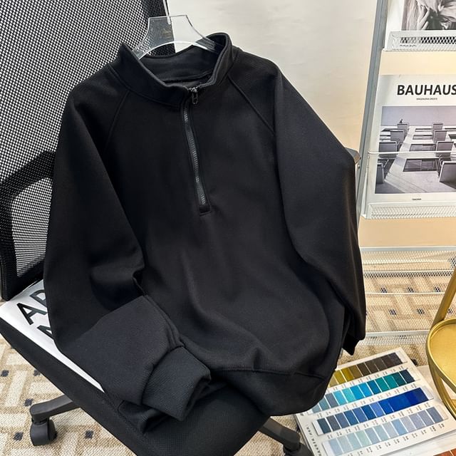 Plummie-Stand Collar Half Zip Plain Oversized Sweatshirt