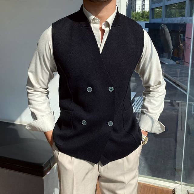 Sinlarity-V-Neck Double-Breasted Sweater Vest