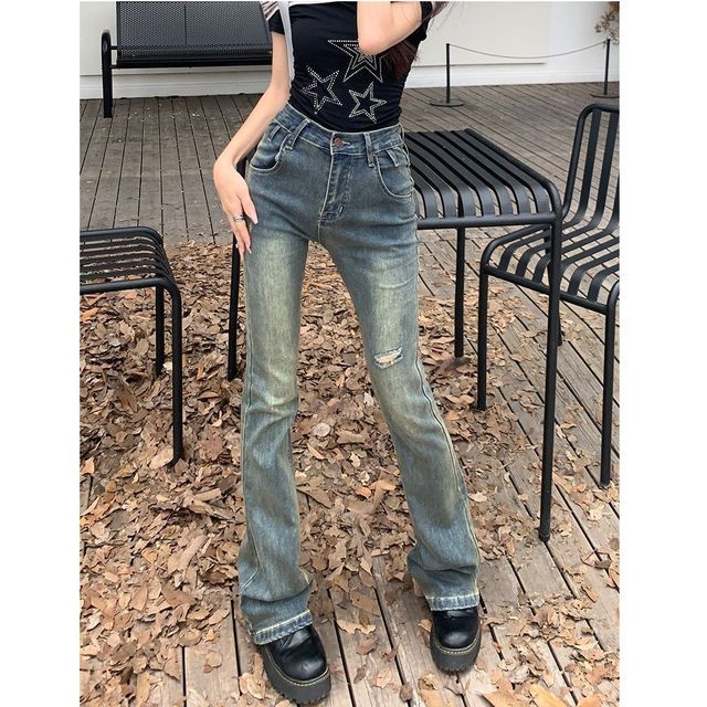 Denimot-High Waist Washed Ripped Bootcut Jeans Various Designs