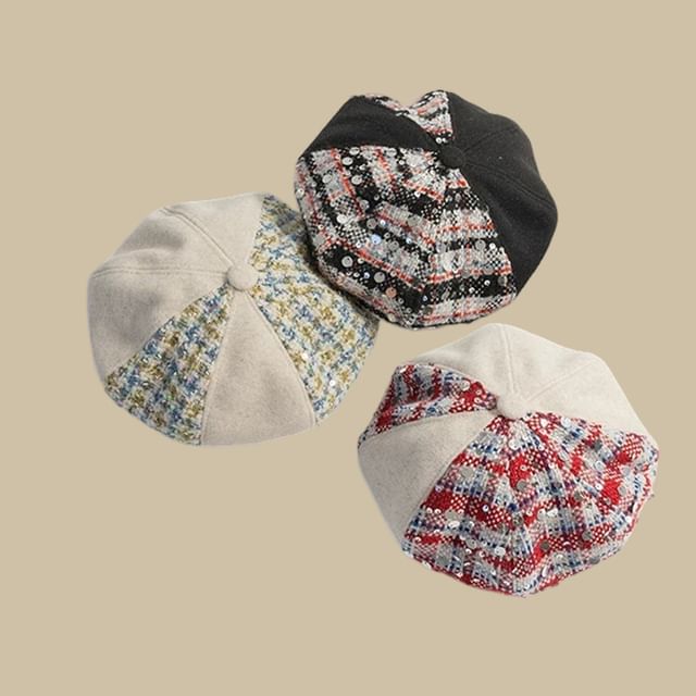 4-4 STUDIO-Houndstooth Sequin Panel Beret Hat