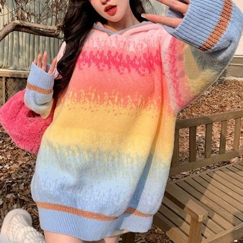 Rainbow Gradient Loose-Fit Knit Hoodie