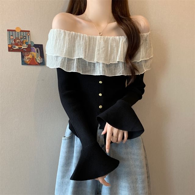 Odestra-Bell Sleeve Off Shoulder Ruffle Panel Button Ribbed Knit Top