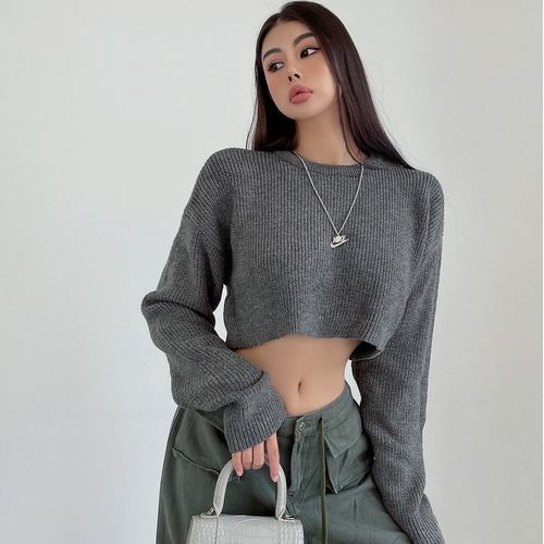 Long-Sleeve Plain Ribbed Crop Knit Top