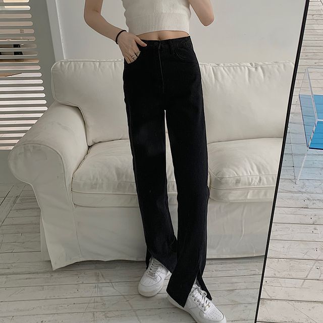 Everose-High Rise Plain Slit Straight Leg Pants