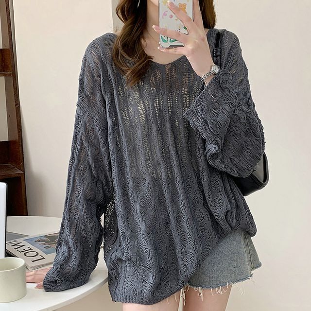 MIKIGA-Long-Sleeve V-Neck Plain Pointelle Knit Top