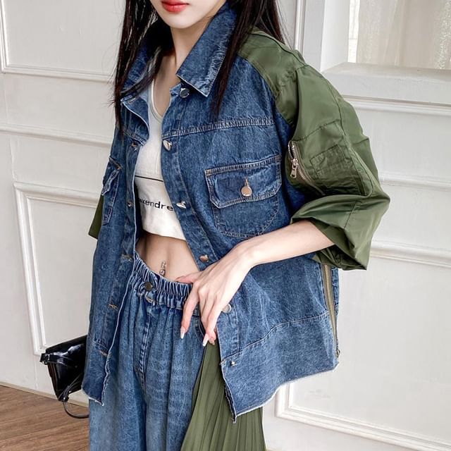 KUMI-Collar Two Tone Panel Washed Denim Button Jacket