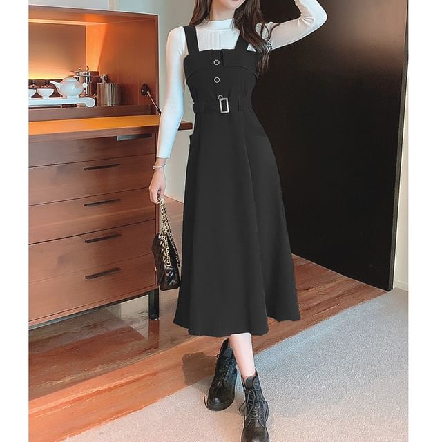Yolandus - Long-Sleeve Mock Neck Plain Knit Top / Belted Midi A-Line Jumper  Dress / Set | YesStyle