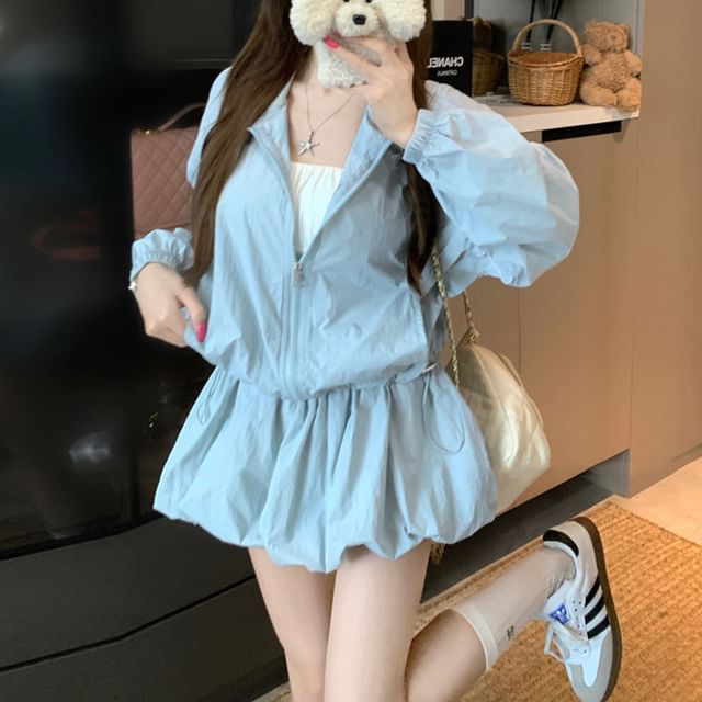 KUMI-Set Stand Collar Plain Zip Jacket Elastic Waist Mini Balloon Skirt