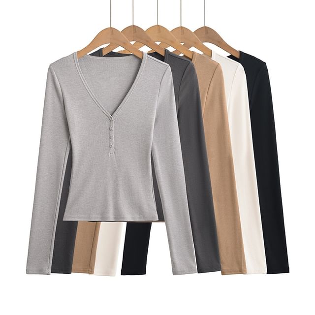 Asiris-Long-Sleeve V-Neck Plain Tee