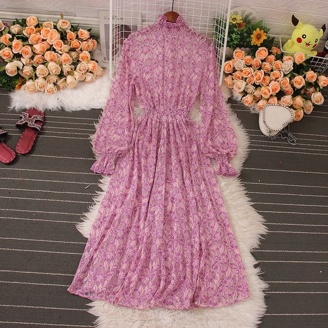 Yolandus Puff-Sleeve High Neck Floral Print Midi A-Line Dress