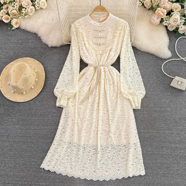 Yearnin - Long Sleeve Frog Button Fleece Lined Lace Maxi Dress | YesStyle