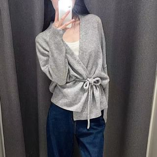 monroll-V-Neck Melange Tie Front Cardigan