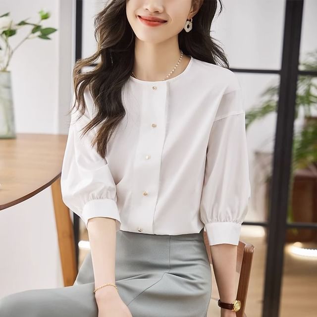 Jeonseon-Elbow Sleeve Round Neck Plain Blouse