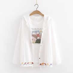 Sonado - Hooded Mushroom Embroidered Shirt / Short-Sleeve Mountain Print T-Shirt