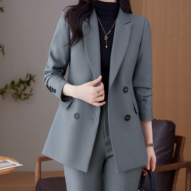 Skyheart - Two-Tone Double-Breasted Blazer / Plain Bootcut Dress