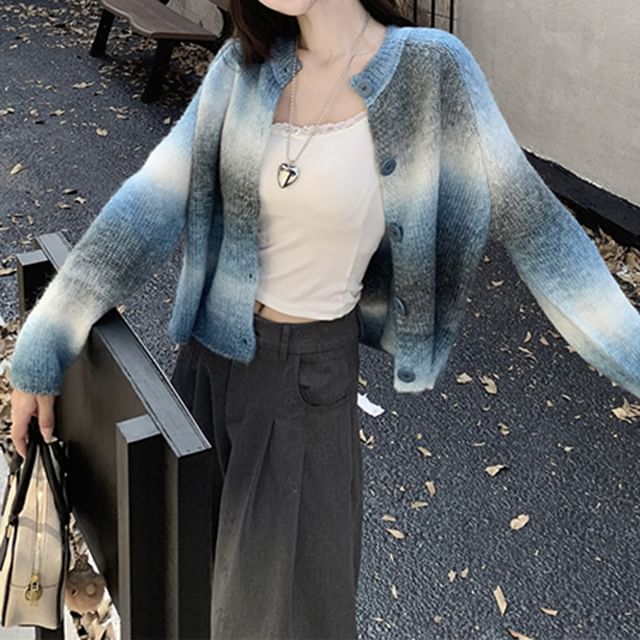 Amyway-Crewneck Gradient Crop Cardigan